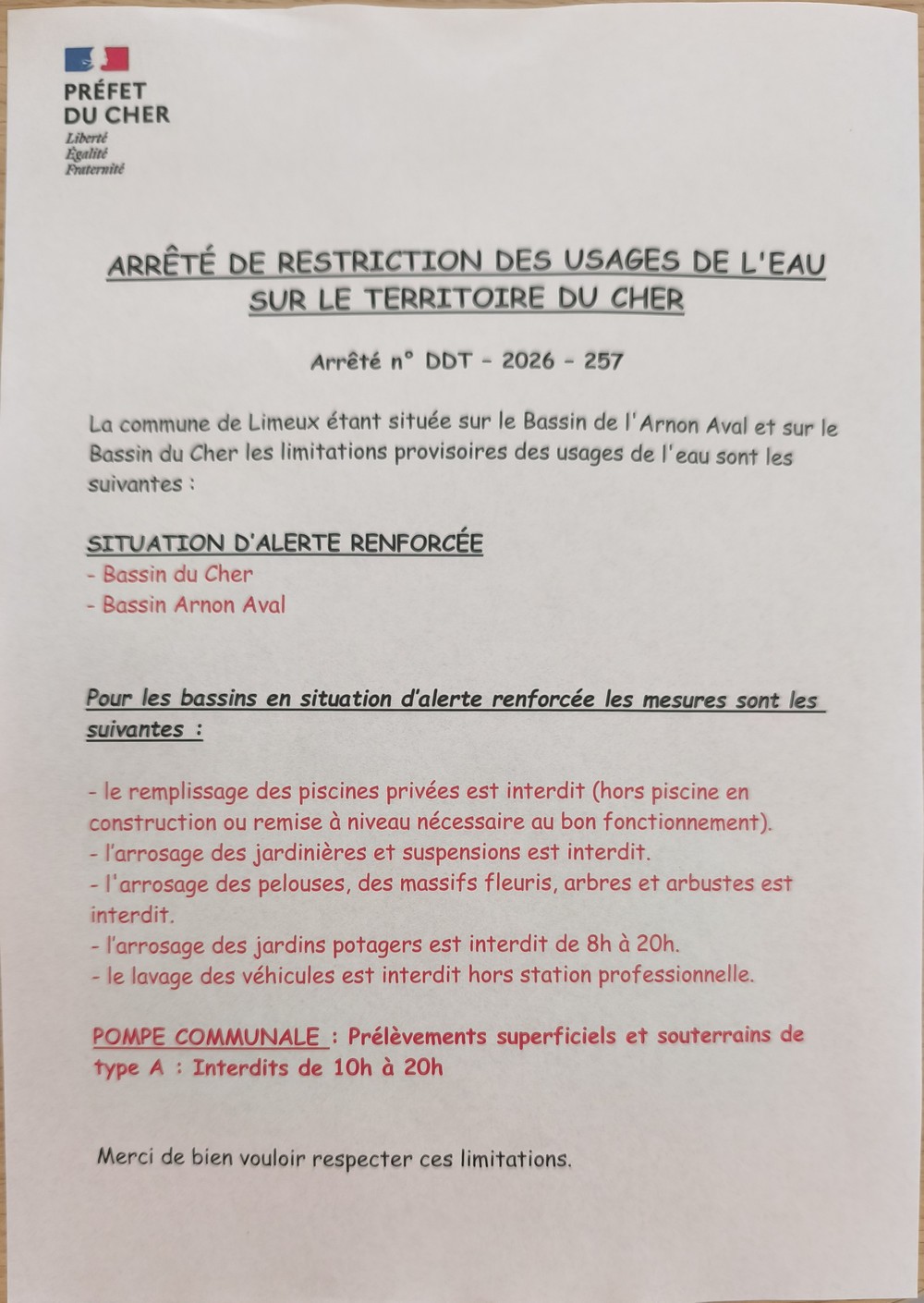 restriction deau
